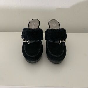 COACH Idyle suede clog faux fur Black heel silver black latch